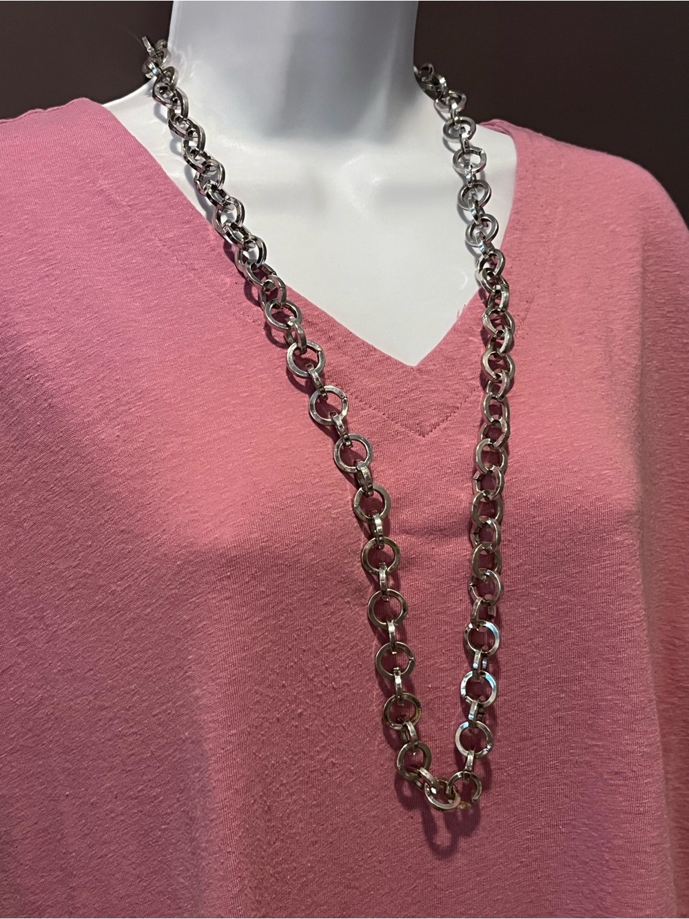 Long Silver Open-Link Necklace in Pink Styling